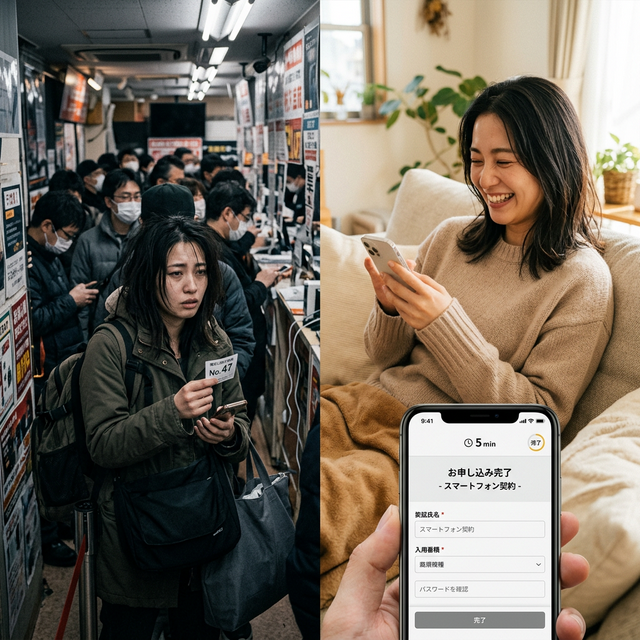 店舗での長い待ち時間と自宅での快適なオンライン手続きの比較