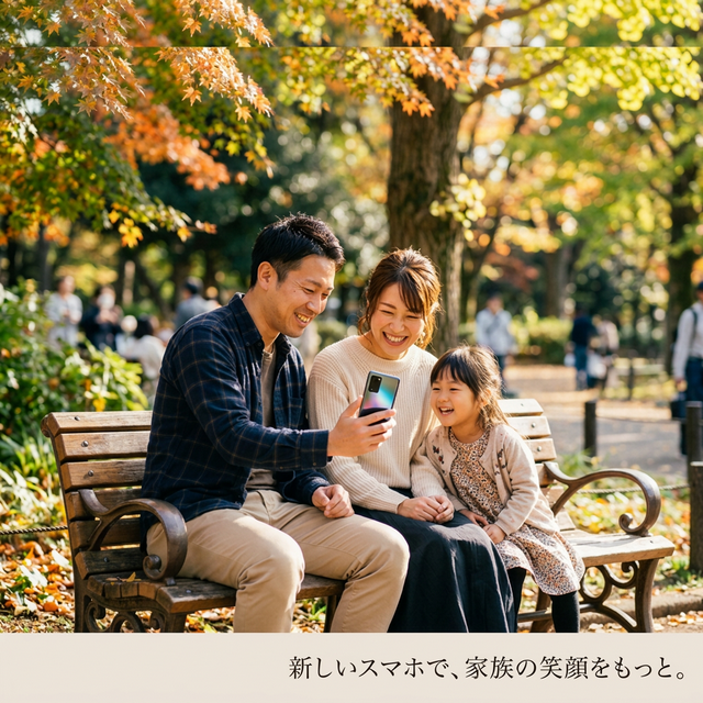 新調したスマホを家族で楽しむ幸せな風景