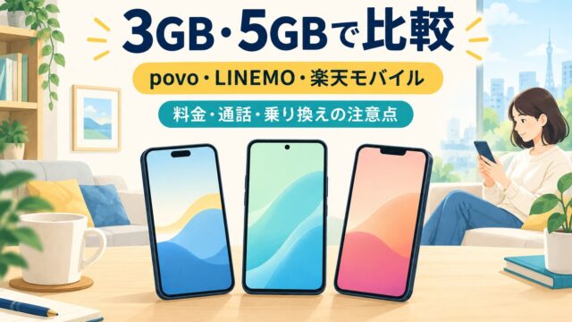 povo・LINEMO・楽天モバイルの3GBと5GBの使い方を比較する記事のアイキャッチ。