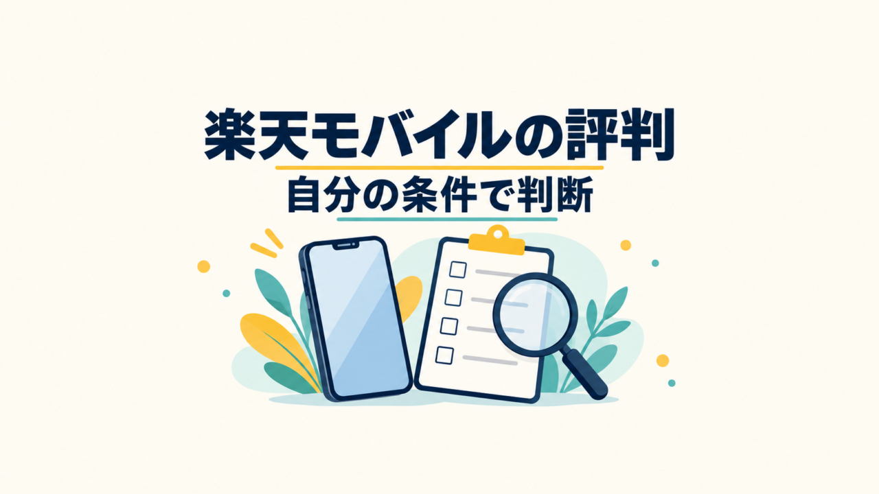 楽天モバイルの評判を自分の条件で判断するため、スマートフォンと確認項目を調べるイメージ