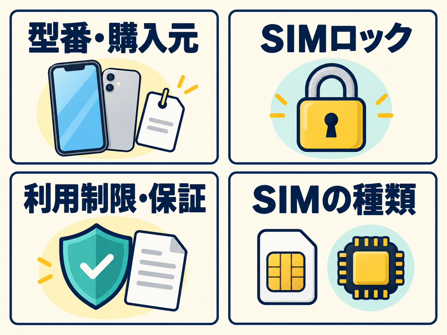 中古スマホ購入前の確認項目として、型番・購入元、SIMロック、利用制限・保証、SIMの種類を並べた図