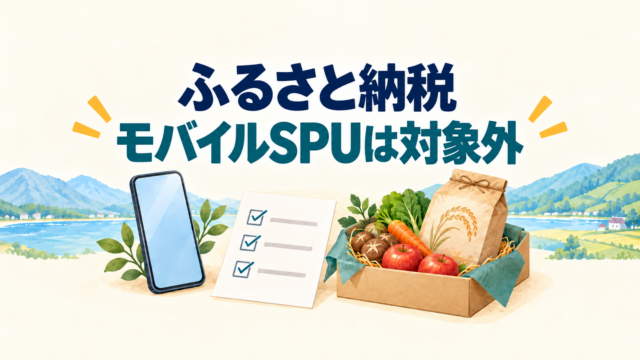 スマートフォンと寄付の確認書類、返礼品を並べ、ふるさと納税はモバイルSPU対象外と案内するイラスト