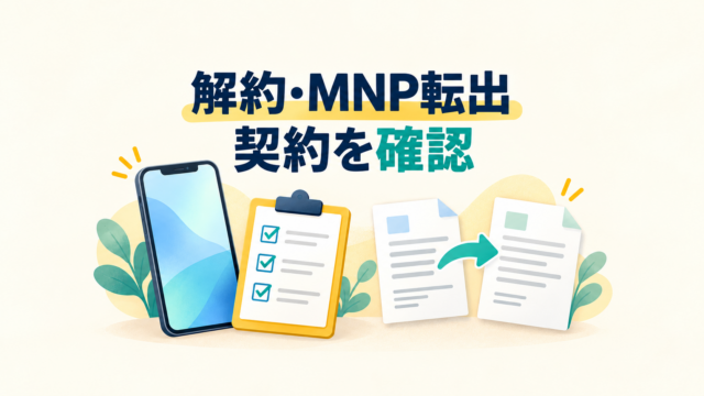 スマートフォンと解約前の確認リスト、契約書類を並べた解約・MNP転出のイラスト
