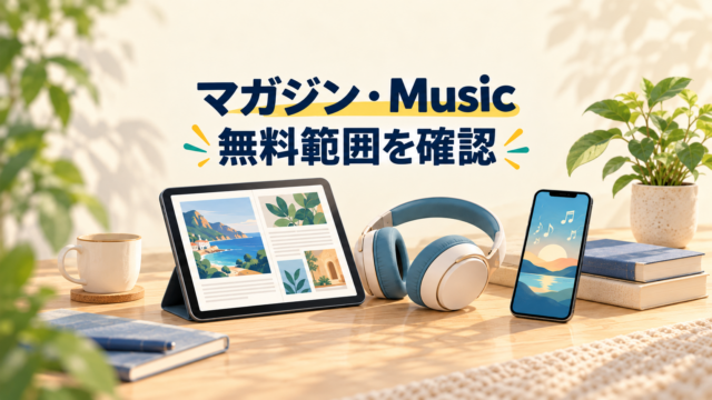 タブレットとヘッドホン、スマートフォンを並べ、マガジンとMusicの無料範囲の確認を促すイラスト
