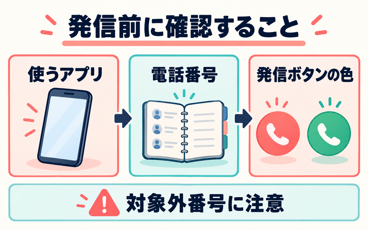 使うアプリ、電話番号、発信ボタンの色を順に確認する図