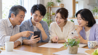 家族が食卓でスマートフォンと紙を見ながら携帯料金を確認している様子