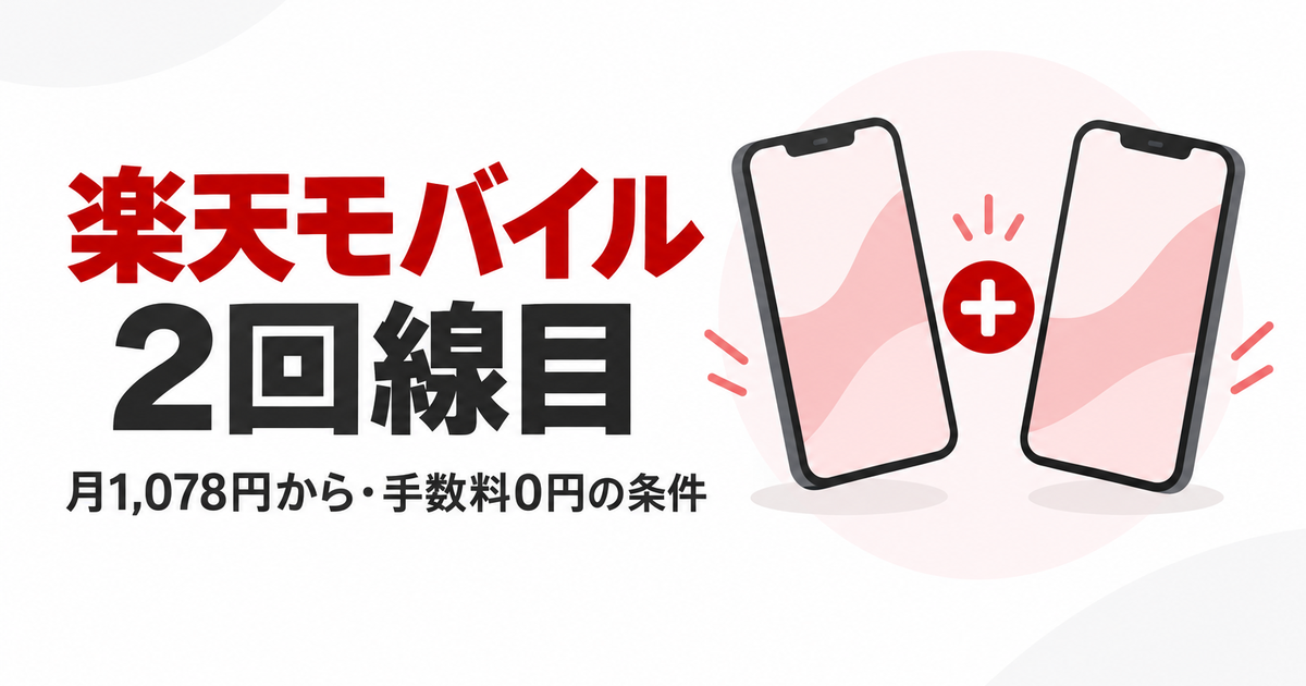 楽天モバイル2回線目は月1,078円から、契約事務手数料0円の条件を示したアイキャッチ