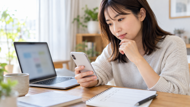 自宅の机でスマートフォンとチェックリストを見ながら契約条件を確認する人